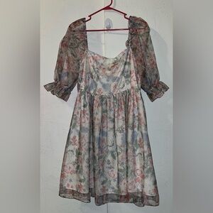 SHEIN CURVE Rose Floral Puff Sleeve Organza Overlay Babydoll Dress